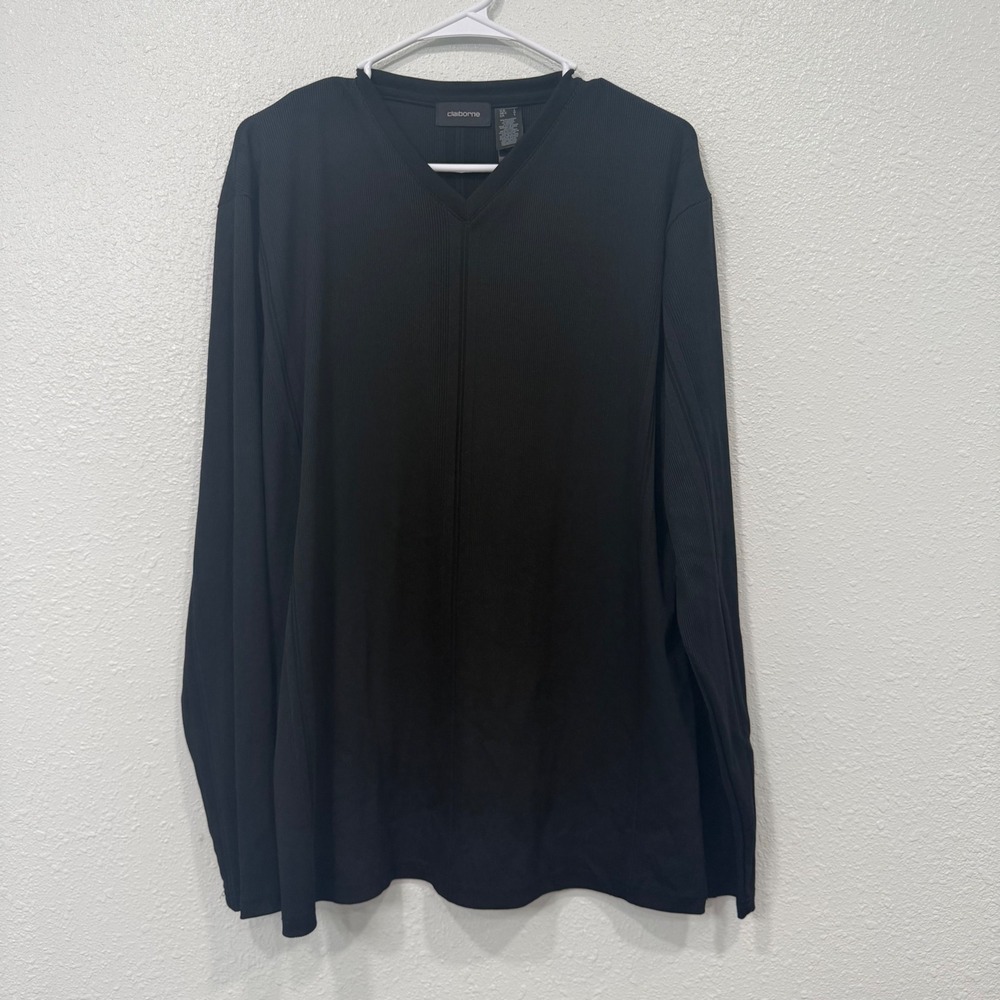 Claiborne Mens V-Neck Ribbed Long Sleeve Shirt Black Solid Casual Top Size Large